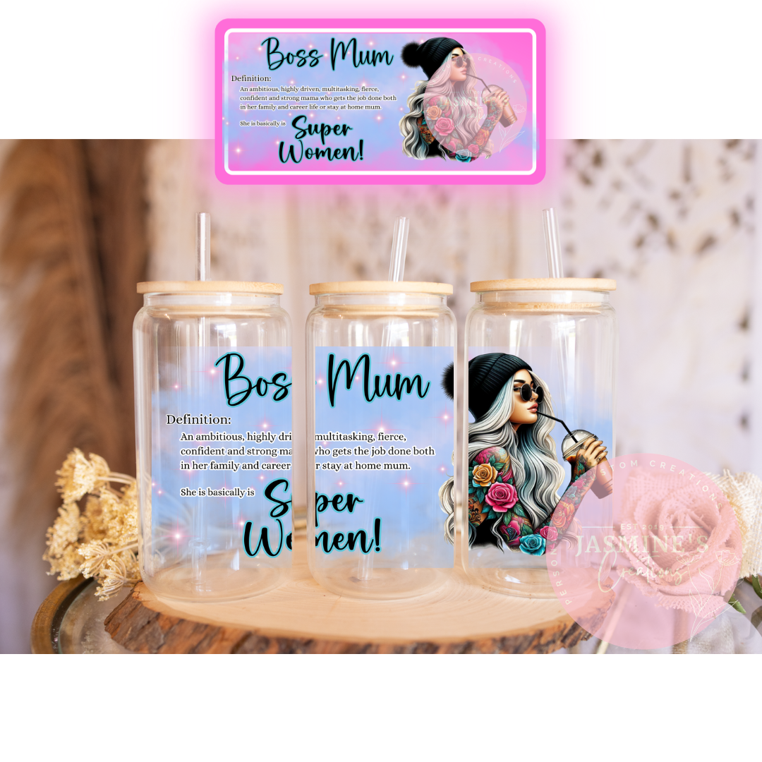 16oz Clear Glass Libby Can Tumbler - Boss Mum