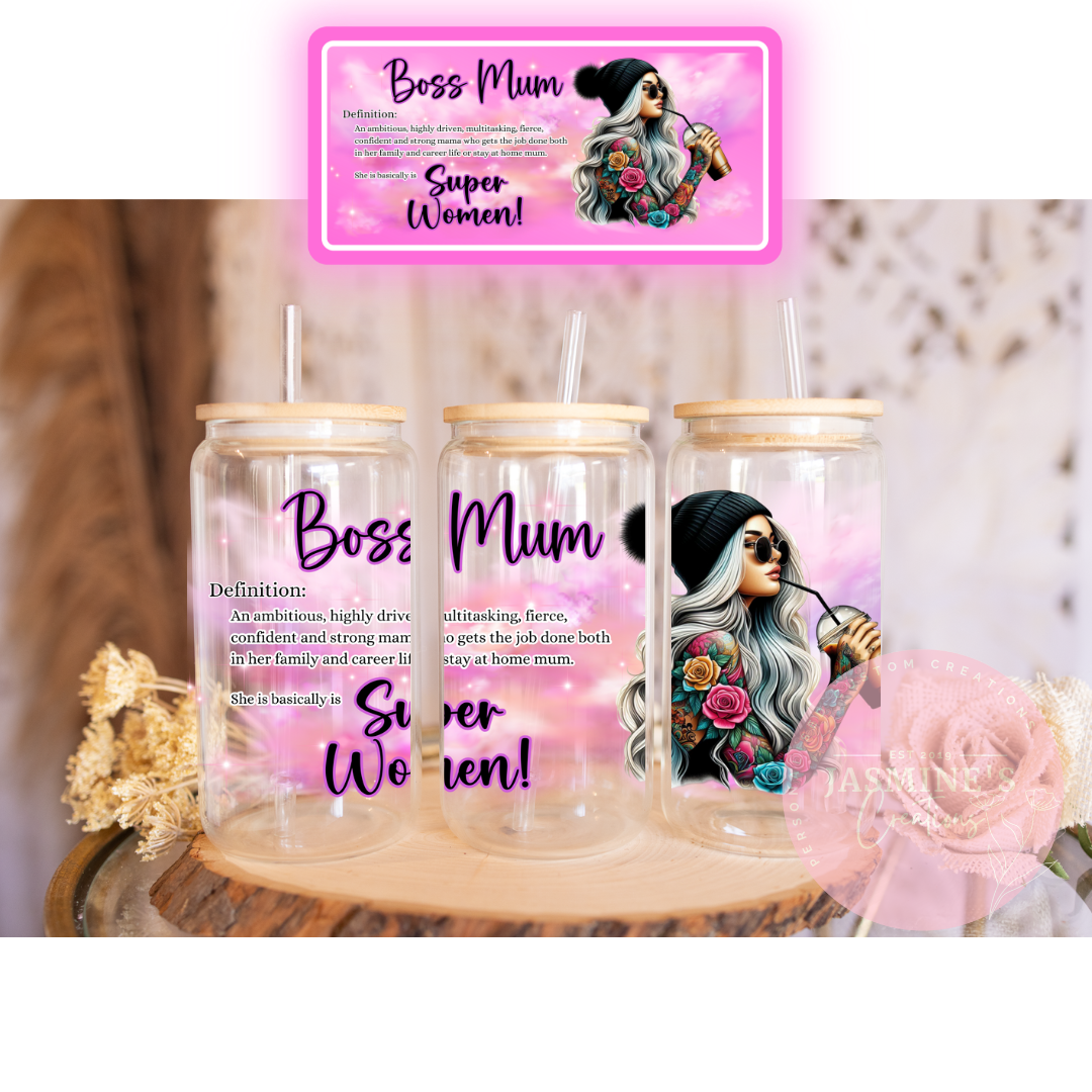 16oz Clear Glass Libby Can Tumbler - Boss Mum