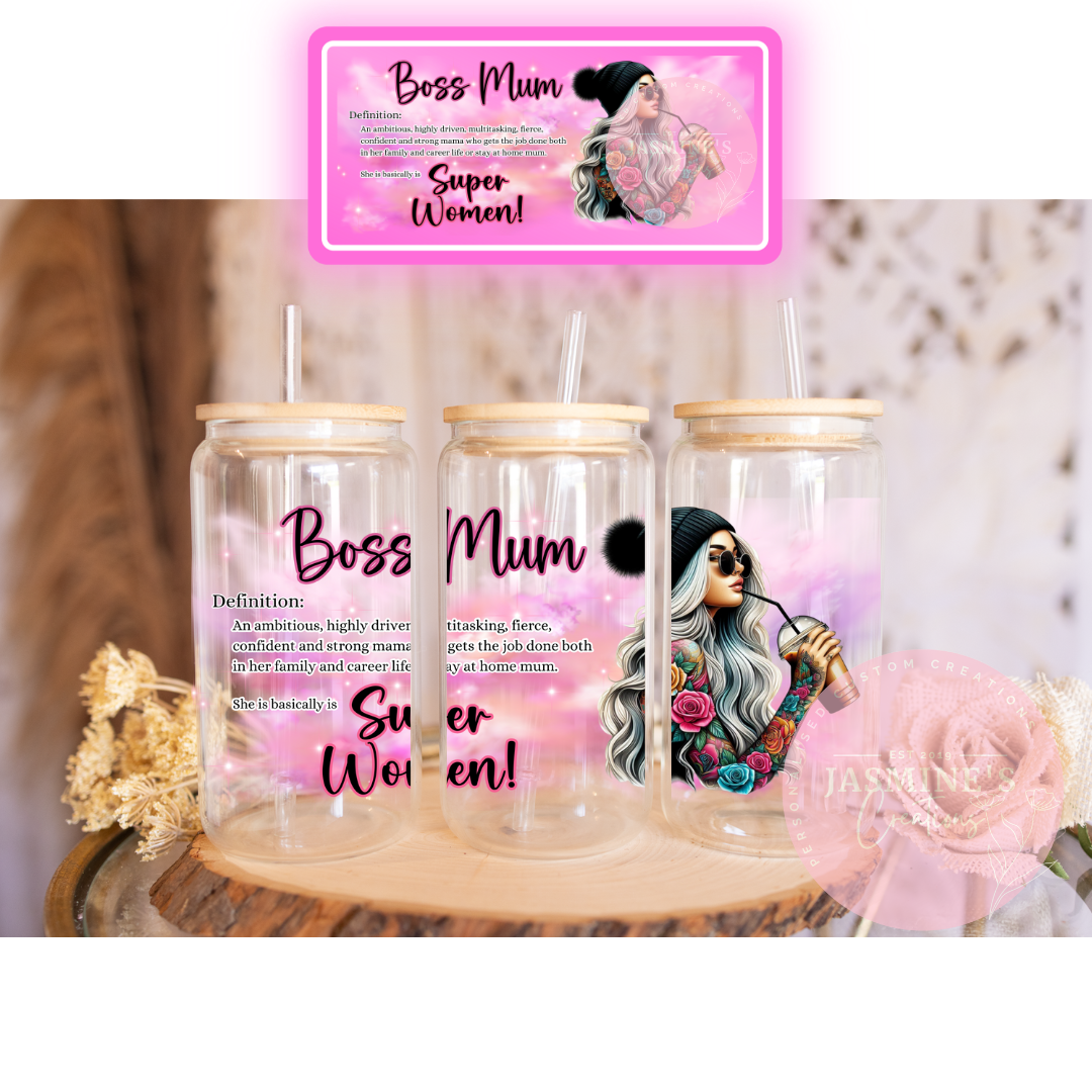 16oz Clear Glass Libby Can Tumbler - Boss Mum