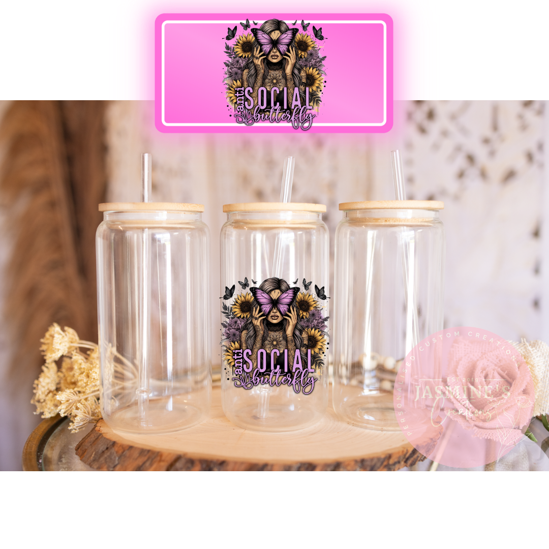 16oz Glass Libby Can Tumbler - Anti Social Butterfly