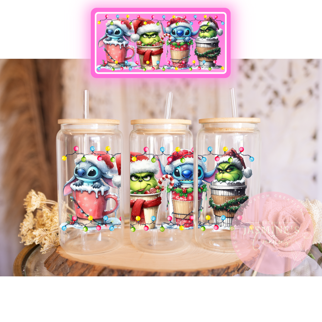 16oz Glass Libby Can Tumbler - Stitch and The Grinch Christmas