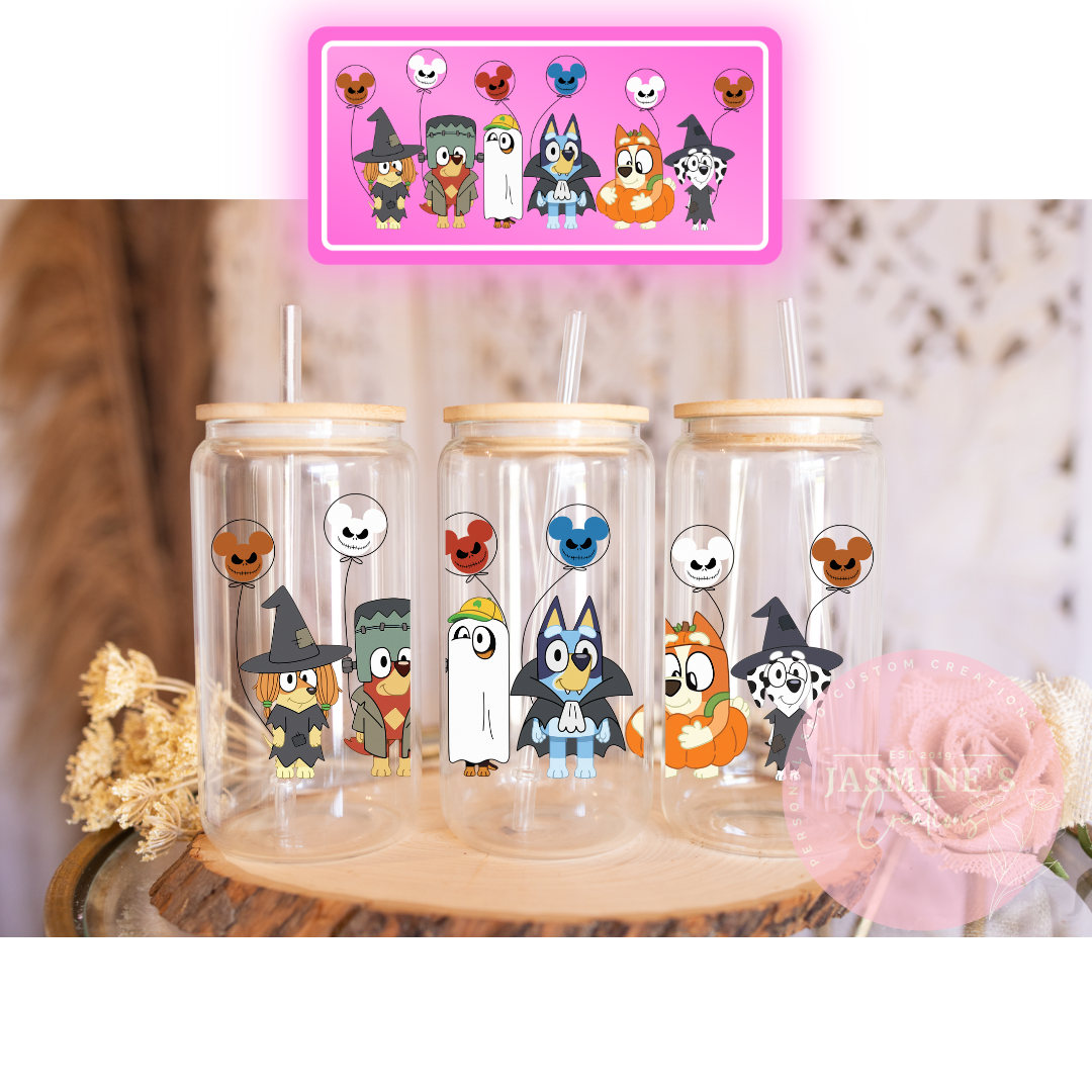 16oz Glass Libby Can Tumbler - Bluey and Friends Halloween