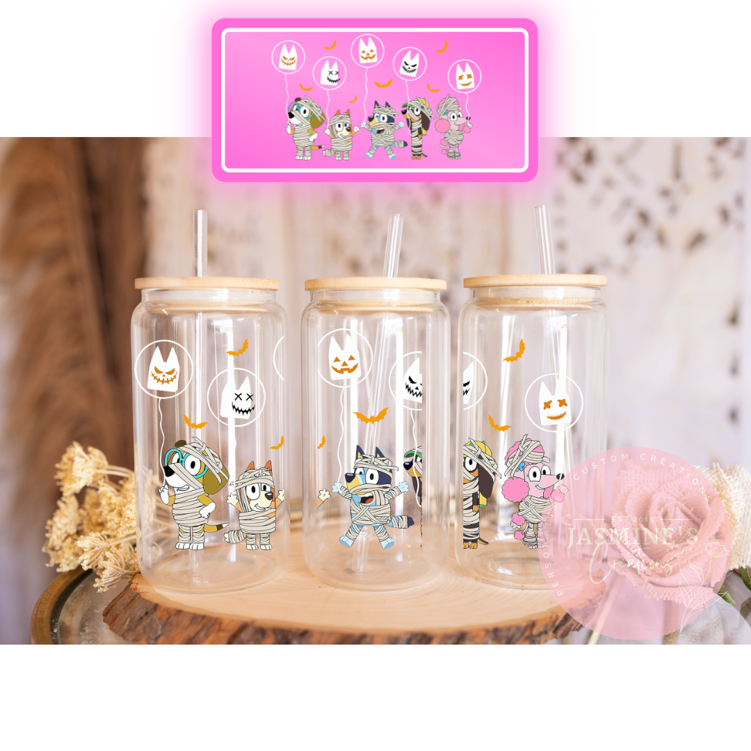 16oz Glass Libby Can Tumbler - Bluey Mummy Costume