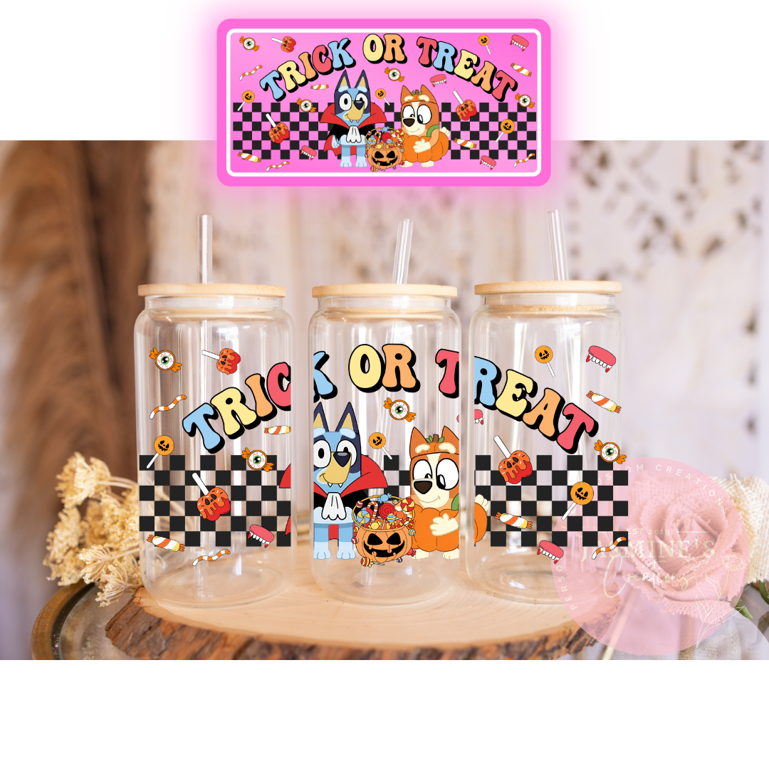 16oz Glass Libby Can Tumbler - Bluey Trick or Treat