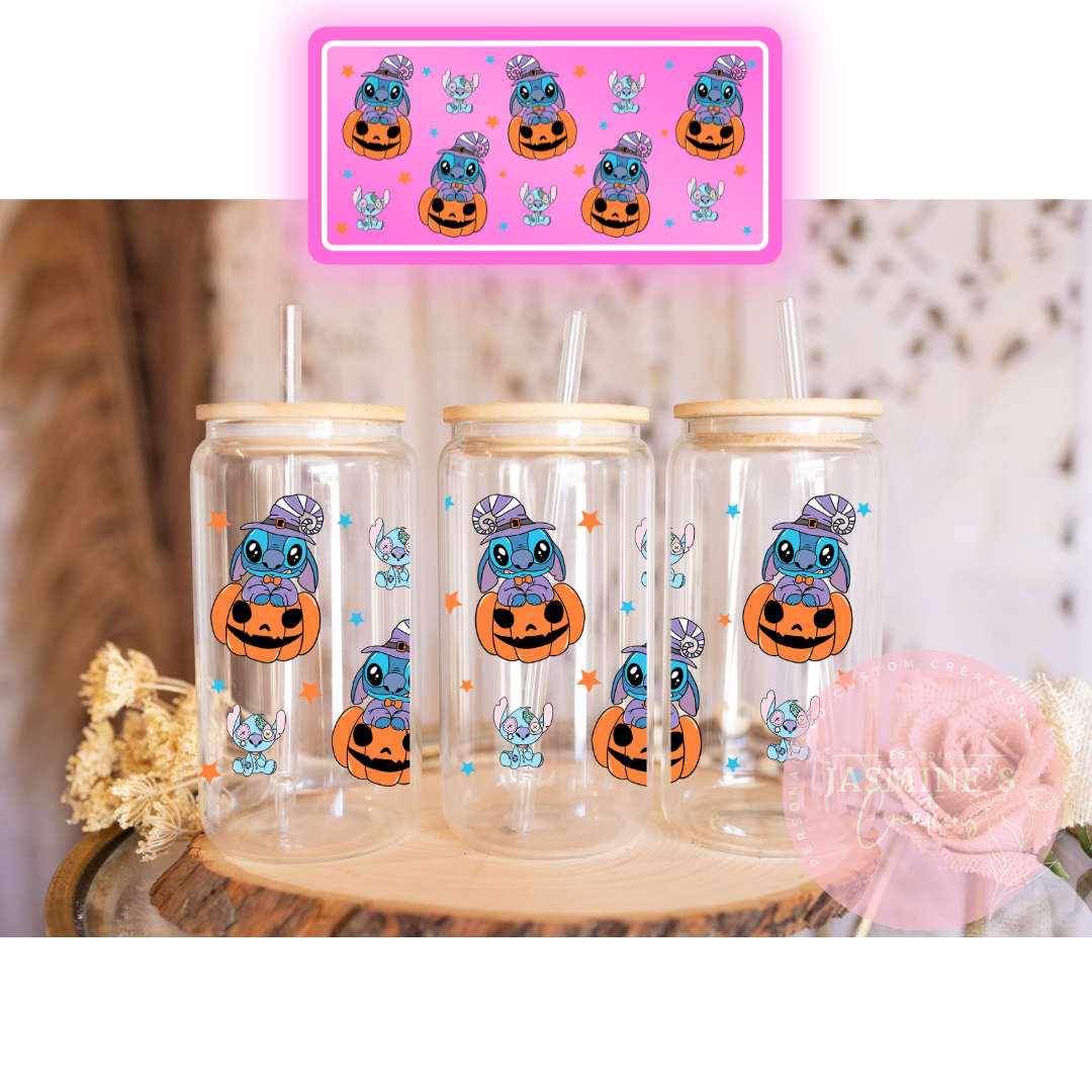 16oz Glass Libby Can Tumbler - Cute Pumpkin Stitch